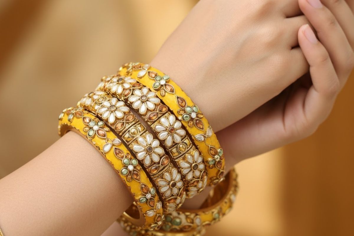 Yellow Bangle Design Ideas: शादी या पार्टी फंक्शन में ये खूबसूरत पीली चूड़ियां हाथों में खूब जचेंगी, आप भी जरूर करें ट्राई 5 Stone Work Yellow Bangle